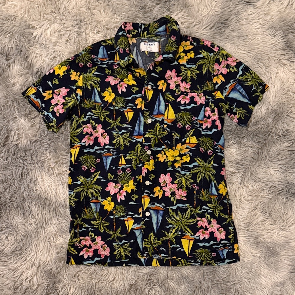 Old Navy Floral, Sailboat Print Shirt - Black, Pink, Yellow, Green Boys size xl